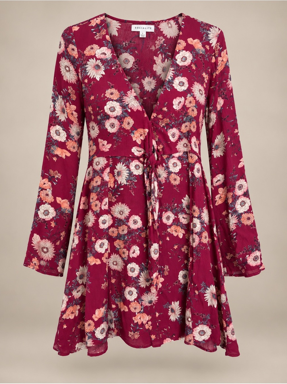 Socialite Burgundy Floral Long Sleeve Tie-Waist Dress Juniors Large